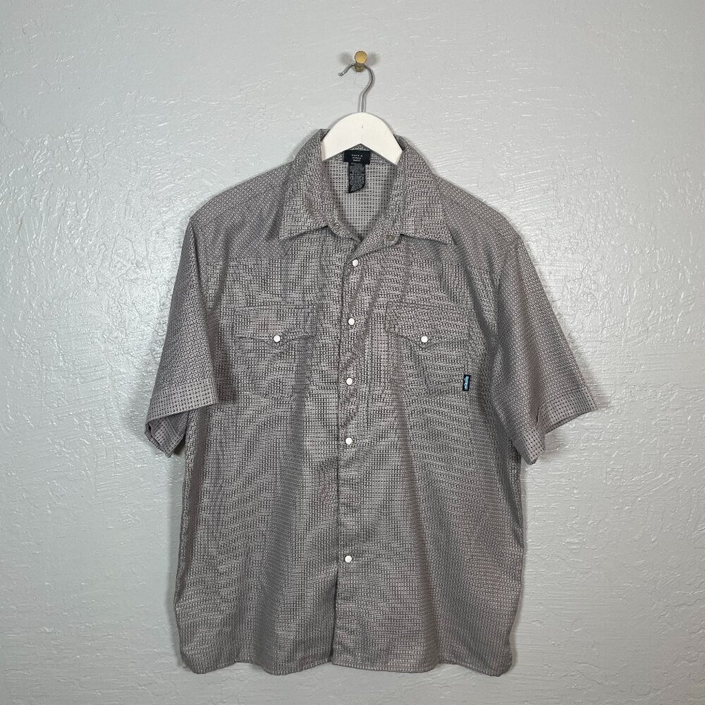 Kavu Men M Gray Patterned Shirt Short Sleeve Pearl Snap Gorpcore Outdoor Casual